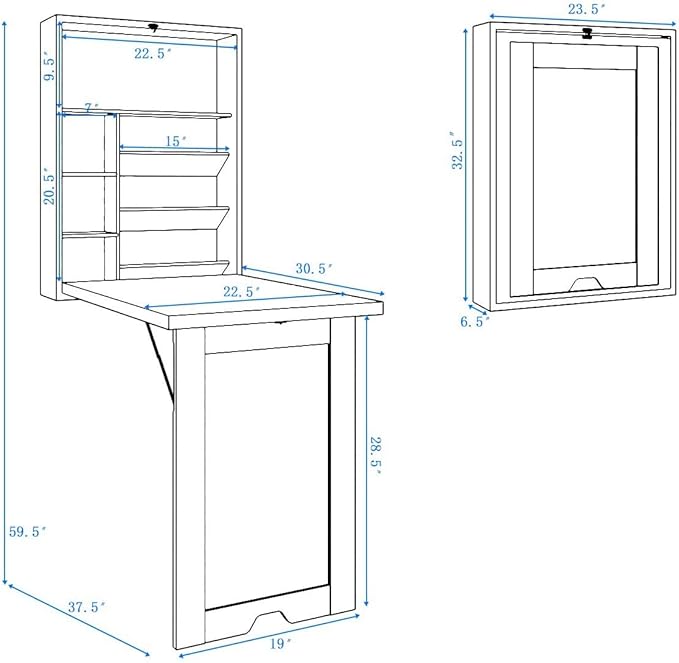 LUARANE Wall Mounted Table, Foldable Multiple-purpose Desk, Fold Out Wood Convertible Writing Desk Bookshelf Cabinet, Large Storage Space, Ideal for Home Office Study (White) - LeafyLoom