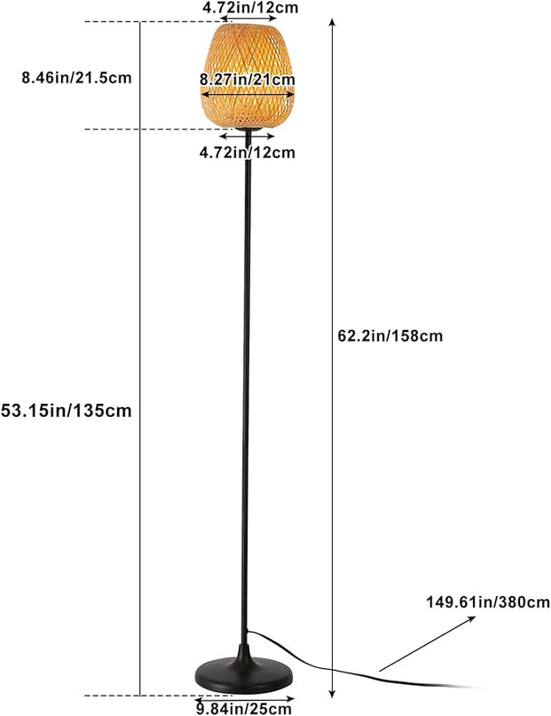 Japanese Style Bamboo Floor Lamp Rattan Handwoven Modern Standing Lighting Black Metal Legs Industrial Vintage Farmhouse Tall Floor Light Fixture for Living Room, Bedroom,Office Without E26 Bulb - LeafyLoom