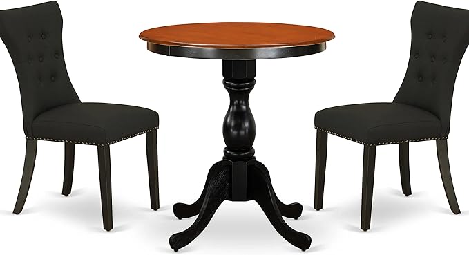 East West Furniture ESGA3-BCH-24 Eden 3 Piece Kitchen Set for Small Spaces Contains a Round Dining Room Table with Pedestal and 2 Linen Fabric Padded Chairs, 30x30 Inch, Black & Cherry - LeafyLoom