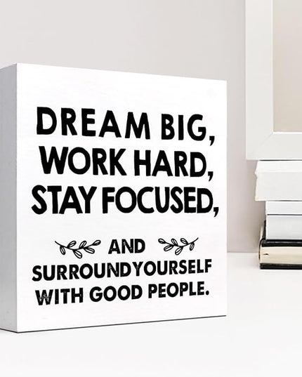 Motivational Wood Box Sign Desk Decor,Dream Big Work Hard Stay Focused Wood Plaque Signs,Rustic Positive Wooden Block Sign Decor for Office Workplace Classroom Shelf Table Decoration C1077 - LeafyLoom
