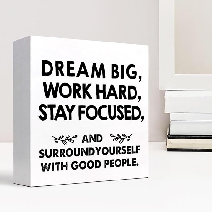 Motivational Wood Box Sign Desk Decor,Dream Big Work Hard Stay Focused Wood Plaque Signs,Rustic Positive Wooden Block Sign Decor for Office Workplace Classroom Shelf Table Decoration C1077 - LeafyLoom