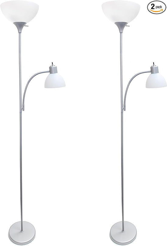 Simple Designs LF2000-SLV-2PK Floor Lamp with Reading Light 2 Pack, Silver - LeafyLoom