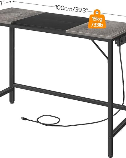 HOOBRO Computer Desk, Home Office Desk with Power Outlet, Modern Study Writing Desk with 3 Hooks for Study Room, Home Office, Sturdy and Stable, Easy to Assemble, Charcoal Gray and Black BC41UDN01 - LeafyLoom