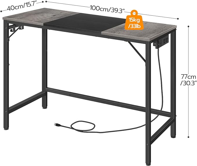 HOOBRO Computer Desk, Home Office Desk with Power Outlet, Modern Study Writing Desk with 3 Hooks for Study Room, Home Office, Sturdy and Stable, Easy to Assemble, Charcoal Gray and Black BC41UDN01 - LeafyLoom