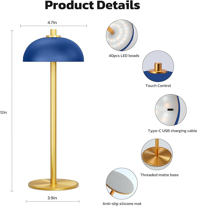 2 Pack Cordless Table Lamp, 5000mAh Portable Rechargeable Table Lamp, 3 Color Modes Stepless Dimming Table Light with Memory Function, for Dinner, Patio, Home, Restaurant.(Blue) - LeafyLoom