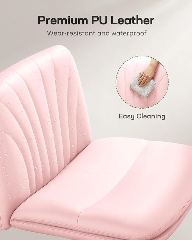Marsail Armless-Office Desk Chair with Wheels: PU Leather Cross Legged Wide Chair,Comfortable Adjustable Swivel Computer Task Chairs for Home,Office,Make Up,Small Space,Bed Room, Pink - LeafyLoom