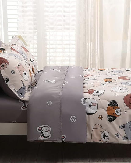 7 Piece Kids Dog Comforter Set Queen Size - Bed in A Bag Bedding Set for Teen Boys Girls - Cute Animal Quilt Super Soft All Season - Creamy White - LeafyLoom
