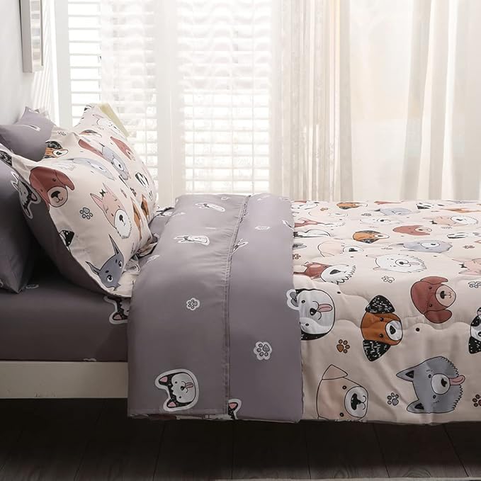 7 Piece Kids Dog Comforter Set Queen Size - Bed in A Bag Bedding Set for Teen Boys Girls - Cute Animal Quilt Super Soft All Season - Creamy White - LeafyLoom
