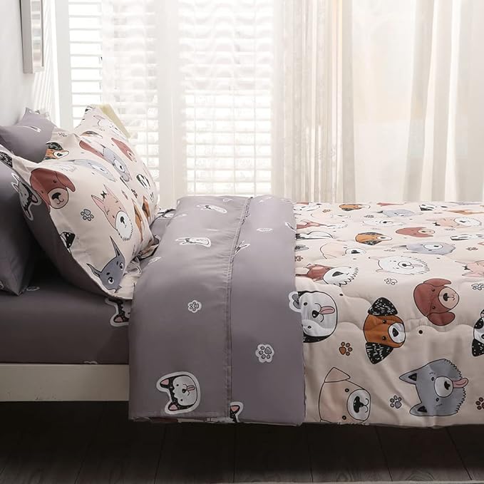 7 Piece Kids Dog Comforter Twin Size Cute Animal Dog Bedding Set Bed in A Bag for Boys Girls All Season (1 Comforter, 1 Flat Sheet, 1 Fitted Sheet, 2 Pillowcase and 2 Pillow Sham) - LeafyLoom