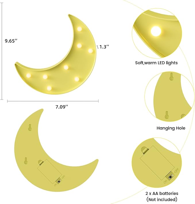 Yellow Moon Decor Bedroom, Battery Powered Moon Night Light for Kids, Kids Room Decor, Baby Room Decor, Nursery Wall Decor, Kids Night Lights for Bedroom, Toddler Night Lights - LeafyLoom