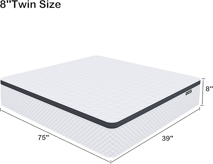 Twin Mattress,8 Inch Twin Size Mattress in a Box,Gel Memory Foam and Innerspring Hybrid Mattress with Individual Pocket Spring for Motion Isolation,Pressure Relief,Medium Firm Feel - LeafyLoom