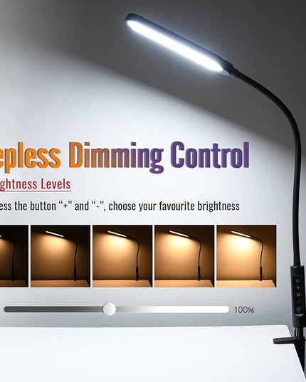 Clamp on Lamp, LED Clamp Desk Lamp, 3000 LMS, 18W, CRI>95, 3 Color Modes, 16 Brightness Levels, Eye-Caring Task Lamp with Remote for Reading, Office, 0.5H/1H Timer (Adapter Included) - LeafyLoom