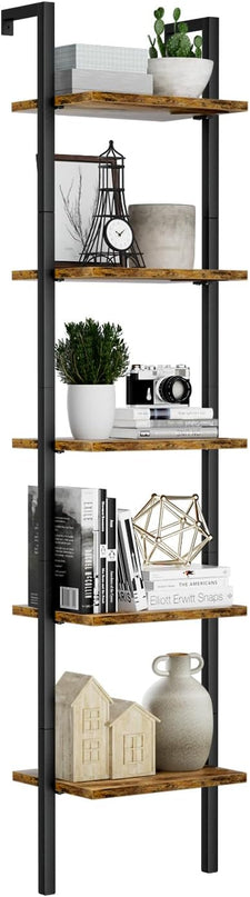 NUMENN Industrial Ladder Shelf, 5 Tier Book Shelf, Open Space Wall Mount Bookshelf with Metal Frame, Sturdy Book Shelves, Bookcase for Living Room, Vintage Brown - LeafyLoom