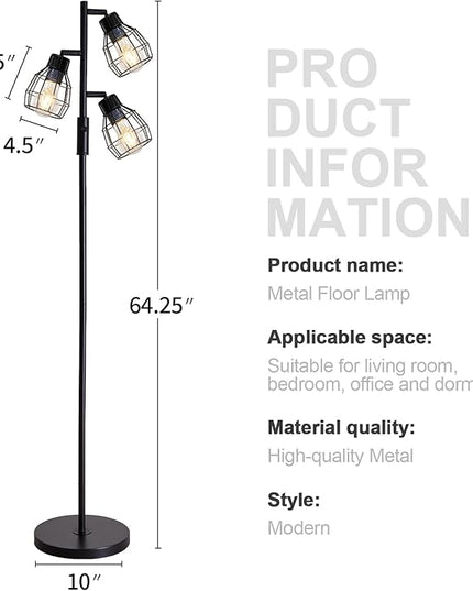 Oneach 64.25" Modern Floor Lamp for Living Room Black Floor Lamp for Bedroom Stand up Lamp for Office Industrial Tall Lamps with Rotary Switch with 3 Metal Lamp Head Adjustable（Bulbs Included） - LeafyLoom