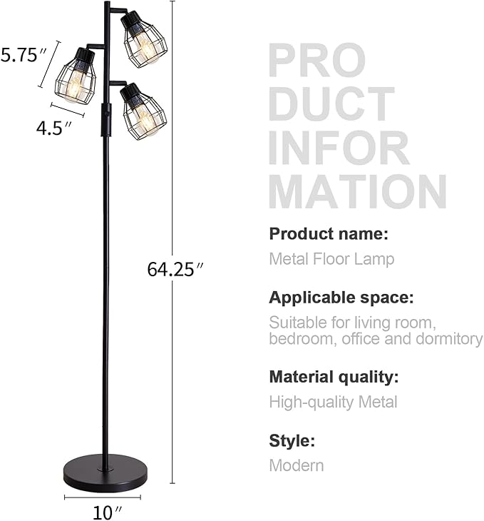 Oneach 64.25" Modern Floor Lamp for Living Room Black Floor Lamp for Bedroom Stand up Lamp for Office Industrial Tall Lamps with Rotary Switch with 3 Metal Lamp Head Adjustable（Bulbs Included） - LeafyLoom
