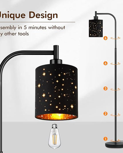 Industrial Floor Lamp, Modern Standing Lamps for Bedroom with 6W LED Bulb, Foot Switch, Farmhouse Floor Lamp with Decorative Lampshade, Metal Tall Stand up Light, Vintage Lamp for Living Room, Black - LeafyLoom