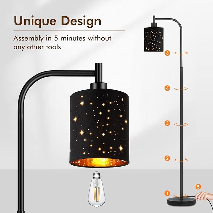 Industrial Floor Lamp, Modern Standing Lamps for Bedroom with 6W LED Bulb, Foot Switch, Farmhouse Floor Lamp with Decorative Lampshade, Metal Tall Stand up Light, Vintage Lamp for Living Room, Black - LeafyLoom