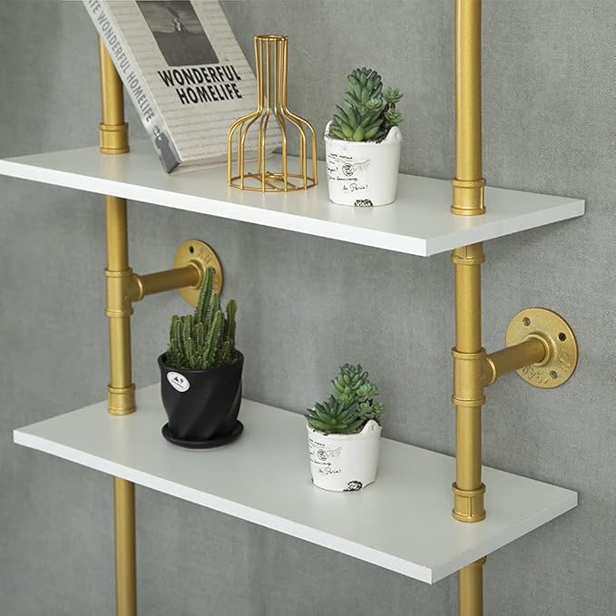 Industrial Gold Bookshelf-6 Tier Wall Mounted Ladder Bookshelf, Rustic Gold Storage Book Shelves Display Bookcases for Living Room/Home/Office - LeafyLoom