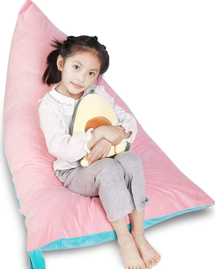 Stuffed Animal Storage Bean Bag Chair Cover, Velvet Pink Lake Blue Plush Toy Storage Stuff and Sit Seat for Kids/Teens/Adults, 52" x 31" Extra Large Triangle Floor Sofa, 200L/52Gal, Cover Only - LeafyLoom