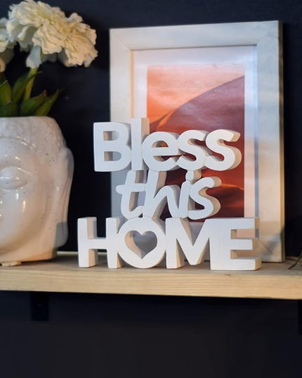 Bless This Home – White, Aesthetic table decor for home or office, desk or Shelf. Quirky room decoration showpiece, ideal for birthday gift, corporate gift, and inspiring wall decor - LeafyLoom