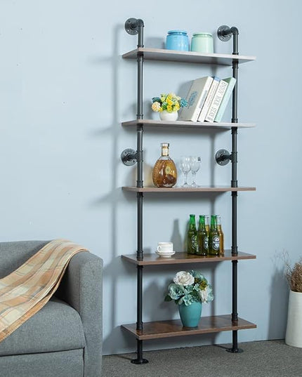 5 Tier 67inch Industrial Pipe Shelving, Shelves Shelf Rustic Tier Black in - LeafyLoom