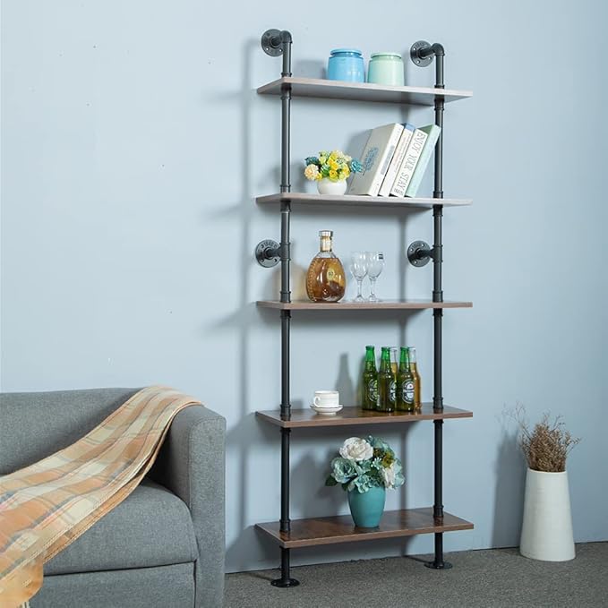 5 Tier 67inch Industrial Pipe Shelving, Shelves Shelf Rustic Tier Black in - LeafyLoom