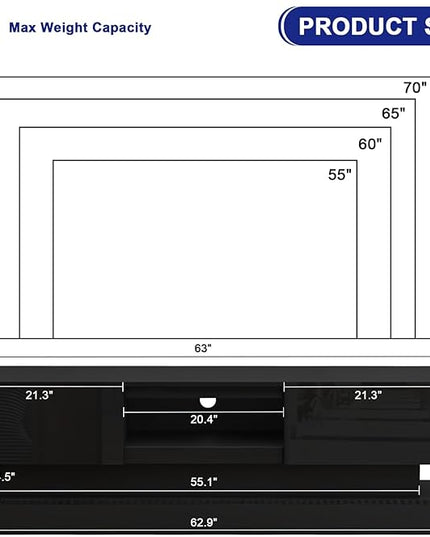 Black TV Stand Modern - TV Stands with Led Lights and Storage Drawers for TVs up to 70 Inch - Gaming TV Entertainment Stand for Living Room, Bedroom - LeafyLoom