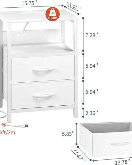 Yoobure Nightstand with Charging Station, LED Night Stand with Fabric Drawers and Storage Shelf for Bedroom, Nightstands Bedside Tables with USB Ports & Outlets, Small Night Stands, Bed Side Table - LeafyLoom