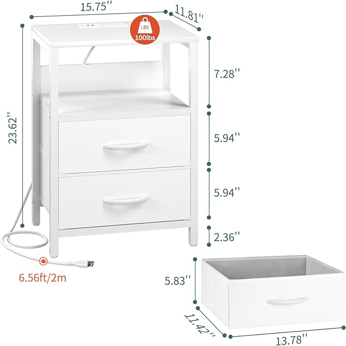 Yoobure Nightstand with Charging Station, Small Night Stand with Fabric Drawers and Storage Shelf for Bedrooms, Nightstands for Small Spaces, Bedside Table with USB Ports & Outlets, Bed Side Table - LeafyLoom