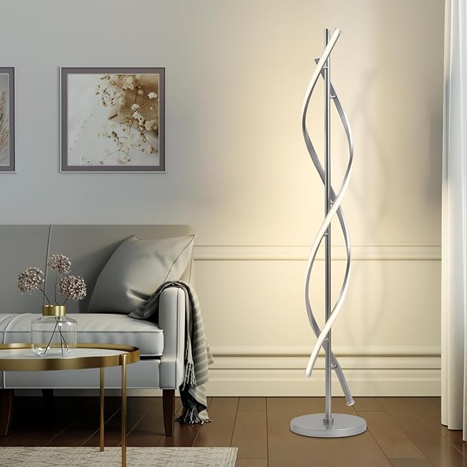 LED Floor Lamps for Living Room, Silver Modern Floor Lamp for Bedroom 60 Inch Spiral Floor Lamp 34W Dimmable 3 Color Temperature Standing Lamp with Timer Corner Floor Lamps for Living Room Clearance - LeafyLoom