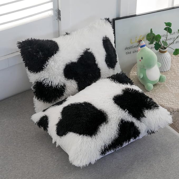 Faux Fur Kids Girls Cow Print Comforter Sets Queen - 3PC Bed Set Warm Comfortable Soft Plush Flannel Velvet Fluffy Fuzzy Bedding（Comforter x 1 Pillowcases x 2） - LeafyLoom