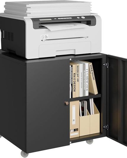 Mobile Mobile Printer Stand with Storage, Lateral Filing Cabinet with Adjustable Shelf, Under Desk Black Small Rolling Printer Table Work Cart with Wheels Organizer Spaces for Office - LeafyLoom