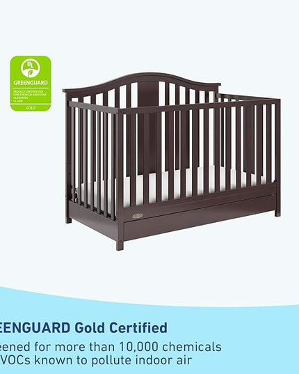 Graco Solano 4-in-1 Convertible Crib with Drawer (Espresso) – GREENGUARD Gold Certified, Crib with Drawer Combo, Includes Full-Size Nursery Storage Drawer, Converts to Toddler Bed and Full-Size Bed - LeafyLoom