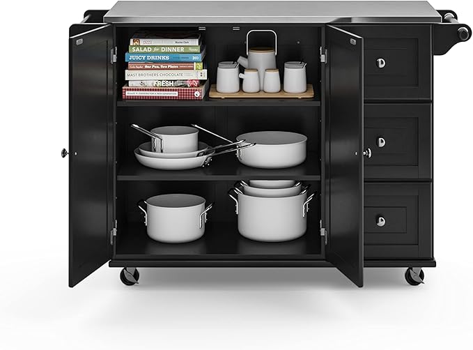 Homestyles Kitchen Cart with Stainless Steel Metal Top, Rolling Mobile Kitchen Island with Storage and Towel Rack, 54 Inch Width, Black - LeafyLoom