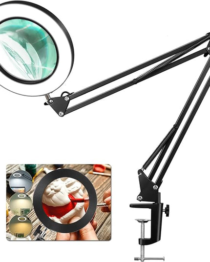 8X Magnifying Glass with Light, 5 Inches Real Glass Lens LED Desk Lamp with Clamp, 3 Color Modes Stepless Dimmable Lighted Magnifier with Light and Stand for Reading Crafts Repair Close Works - Black - LeafyLoom