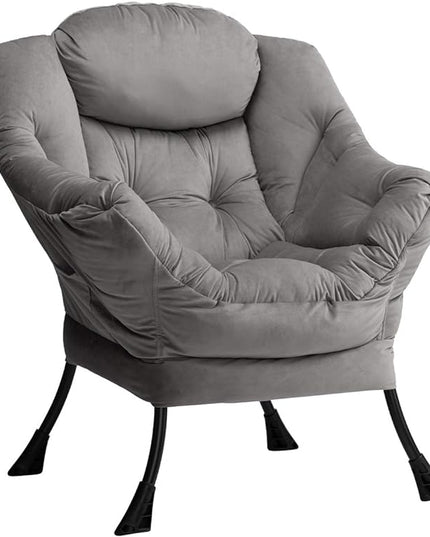 AbocoFur Modern Velvet Fabric Lazy Chair, Accent Contemporary Lounge Chair, Single Steel Frame Leisure Sofa Chair with Armrests and A Side Pocket, Thick Padded Back, Smoky Grey - LeafyLoom