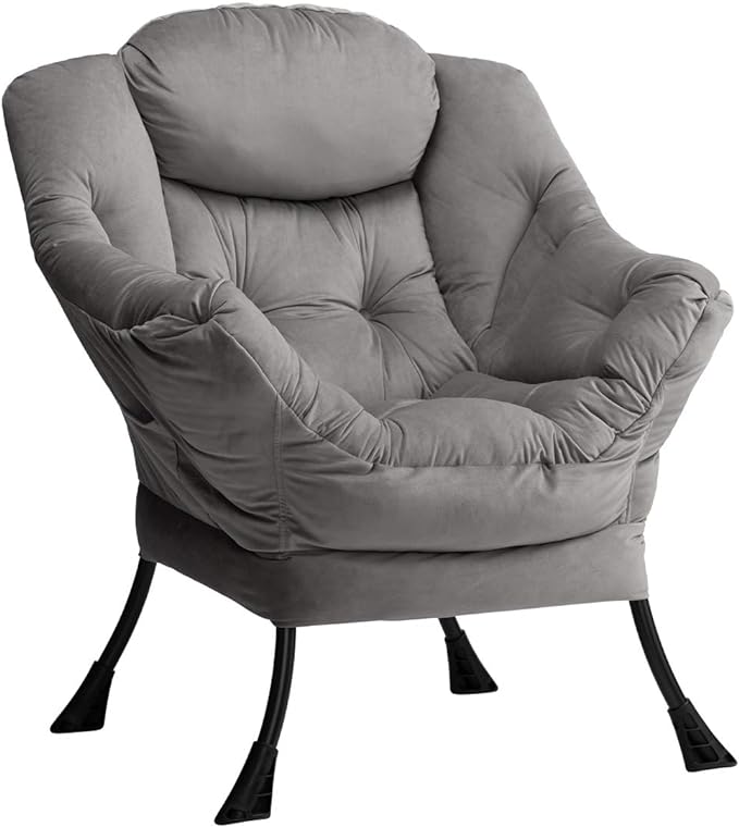 AbocoFur Modern Velvet Fabric Lazy Chair, Accent Contemporary Lounge Chair, Single Steel Frame Leisure Sofa Chair with Armrests and A Side Pocket, Thick Padded Back, Smoky Grey - LeafyLoom