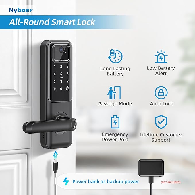 WiFi Video Smart Door Lock: Fingerprint Door Lock with Camera- Keyless Entry Door Lock with Handle - Electronic Digital Door Lock with Keypad - WiFi Smart Lock for Front Door, Black, H3 Pro Nyboer