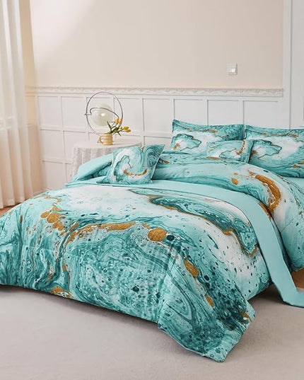 Marble Green Comforter Set Queen,7Pcs Light Green and Gold Comforter,Light Green Tie Dye Bedding Sets Queen Bed in a Bag,Green Marble Comforter Sets,Bedroom Decoration Queen 7Pcs - LeafyLoom
