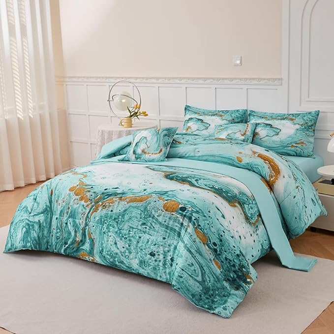 Marble Green Comforter Set Queen,7Pcs Light Green and Gold Comforter,Light Green Tie Dye Bedding Sets Queen Bed in a Bag,Green Marble Comforter Sets,Bedroom Decoration Queen 7Pcs - LeafyLoom