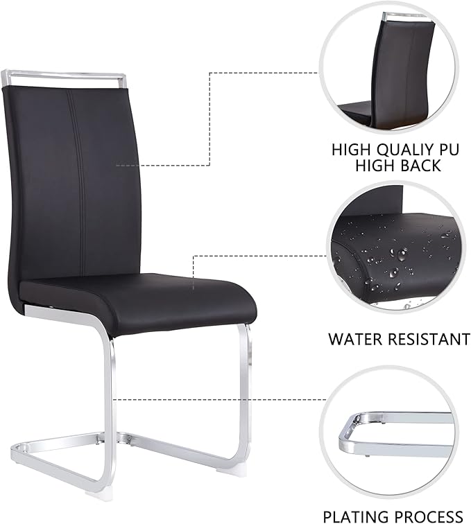 Dining Chairs Set, Kitchen Modern Metal Chairs with Faux Leather Padded Seat High Back and Sturdy Chrome Legs, Chairs for Dining Room (Black, Set of 6) - LeafyLoom