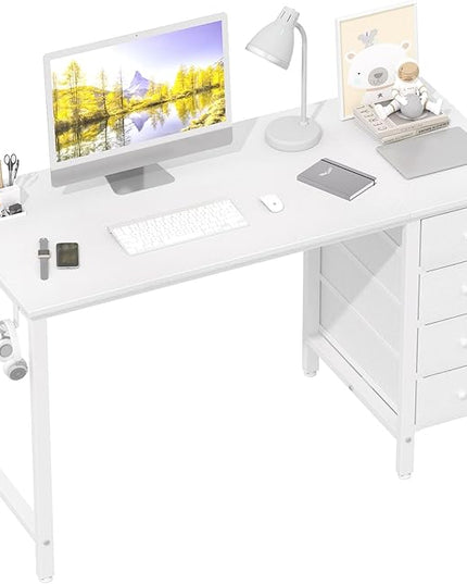Lufeiya White Computer Desk with Drawers - 47 Inch Study Work Writing Desk for Home Office Bedroom, Simple Modern Cute PC Desks with Fabric Drawer, White - LeafyLoom