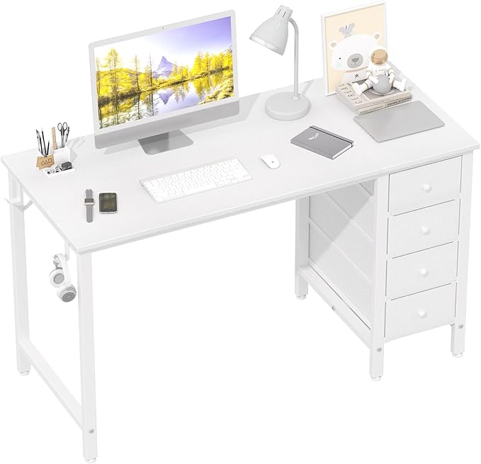 Lufeiya White Computer Desk with Drawers - 47 Inch Study Work Writing Desk for Home Office Bedroom, Simple Modern Cute PC Desks with Fabric Drawer, White - LeafyLoom