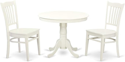 East West Furniture Antique 3 Piece Kitchen Set Contains a Round Dining Room Table with Pedestal and 2 Solid Wood Seat Chairs, Linen White - LeafyLoom