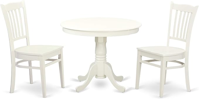 East West Furniture Antique 3 Piece Kitchen Set Contains a Round Dining Room Table with Pedestal and 2 Solid Wood Seat Chairs, Linen White - LeafyLoom