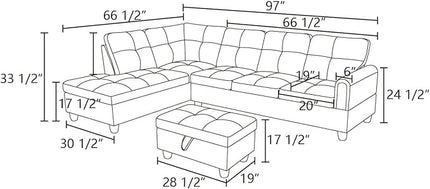 ROOMTEC Button 3 Piece L Shape Sectional Sofa Set, Upholstered Corner Couch with Storage Ottoman, Faux Leather Tufted Cushions, for Living Room, Apartment, 97inch, Denim w/Left Chaise Lounge - LeafyLoom