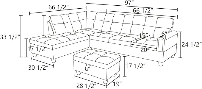 ROOMTEC Button 3 Piece L Shape Sectional Sofa Set, Upholstered Corner Couch with Storage Ottoman, Faux Leather Tufted Cushions, for Living Room, Apartment, 97inch, Denim w/Left Chaise Lounge - LeafyLoom