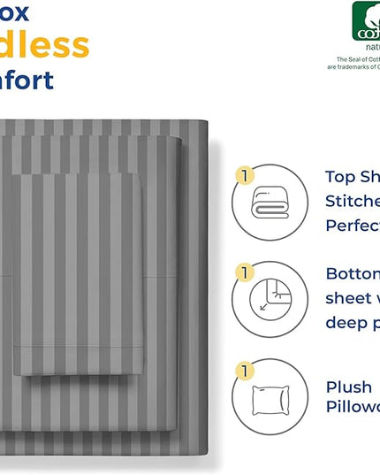 THREAD SPREAD Luxury Egyptian Cotton Twin Stripe Sheet Set - 600 Thread Count Extra Long Staple 3 PC Set, Twin Damask Sheets, Soft, Cooling Sateen Weave Striped Sheets Upto 18" Deep Pocket - Dark Grey - LeafyLoom