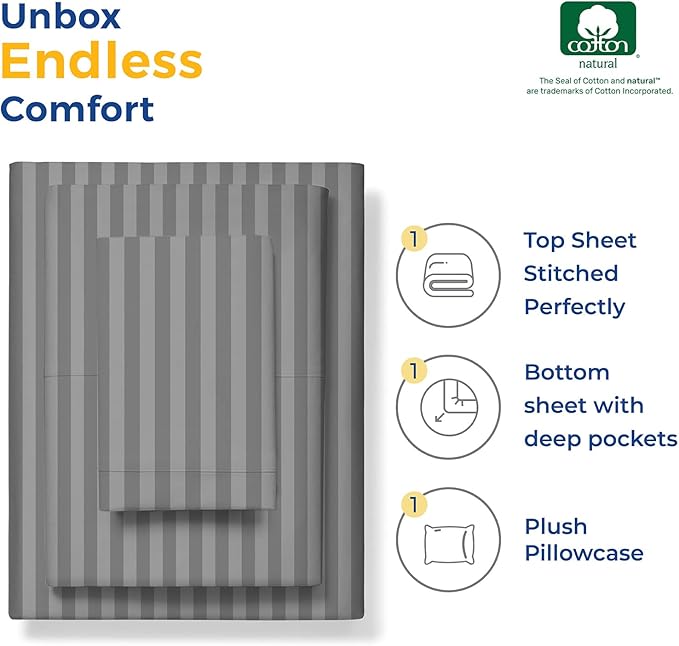 THREAD SPREAD Luxury Egyptian Cotton Twin Stripe Sheet Set - 600 Thread Count Extra Long Staple 3 PC Set, Twin Damask Sheets, Soft, Cooling Sateen Weave Striped Sheets Upto 18" Deep Pocket - Dark Grey - LeafyLoom