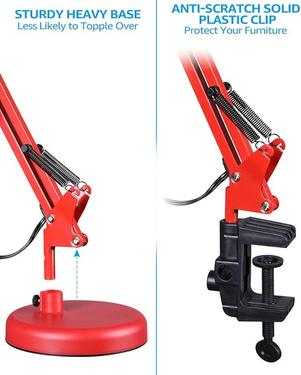 TORCHSTAR Metal Swing Arm Architect Desk Lamp with Clamp, Adjustable Gooseneck Table Lamp, Clip Desk Lights for Home Office, Work, Study, Reading, E26 Base, Multi-Joint, Red - LeafyLoom